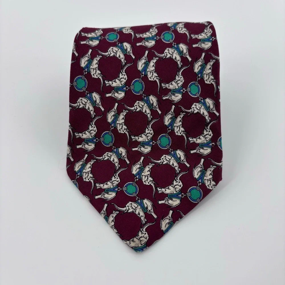 Brooks Brothers Makers Elephant Bit Print Silk Tie Mens OS Burgundy Red Preppy